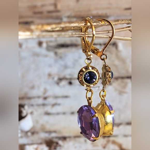 Tanzanite Sparkles Swarovski Purple AB And Flower Drop Down Earrings - Picture 3 of 5